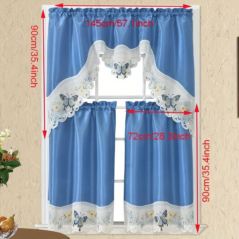 1 SET 3pcs/set Polyester plain fabric with beige floral lace, machine- pink blue gray burgundy butterfly pattern curtains, suitable for home decoration, bathroom, living room, bedroom, kitchen, outdoor decor, villa, wedding,